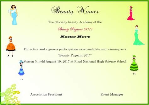 certificate for beauty pageant winner